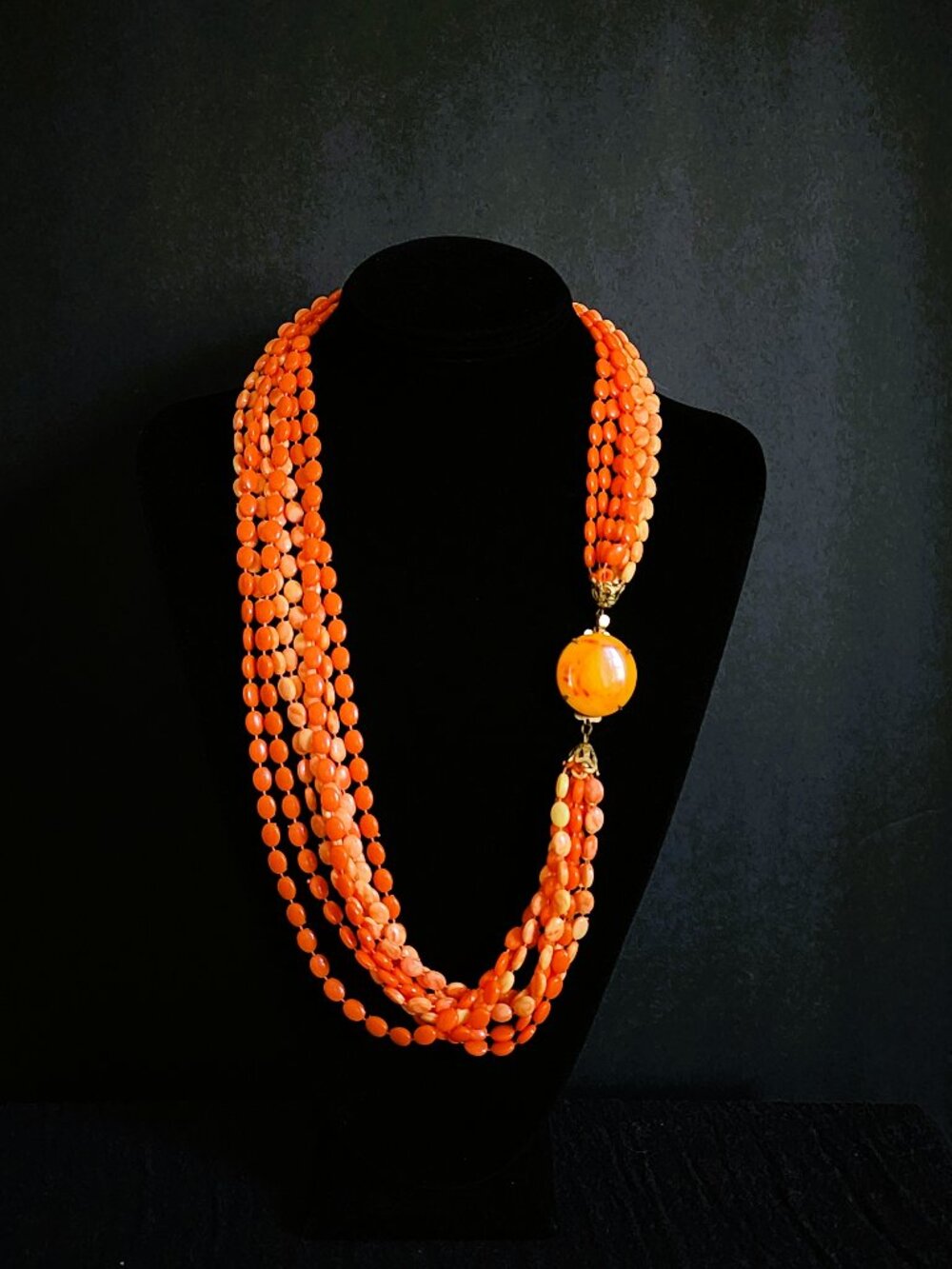 Vintage 1960s Orange Lucite Multi Strand Statement Necklace 27” Mid Century